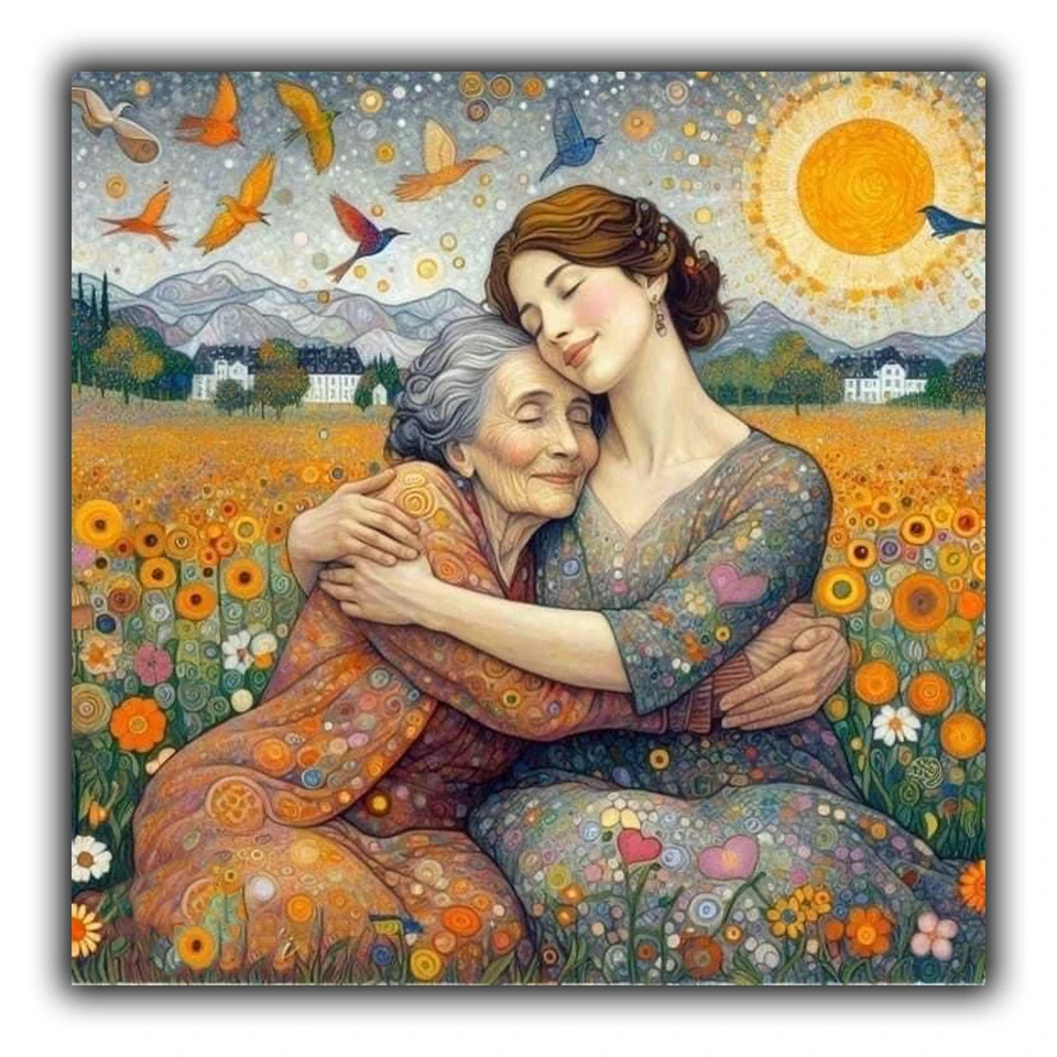 

Diy Diamond Painting Kit Full Square Round Diamond Heartwarming Embrace in Flower Field 5D Mosaic Art Family Themed Wall Decor