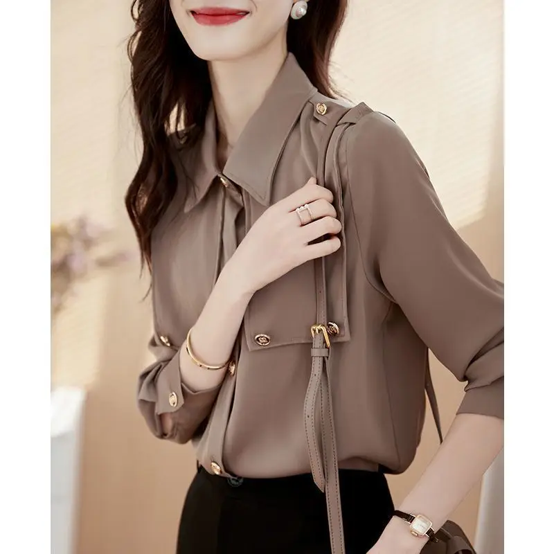 Chiffon Shirt Women's Long Sleeved Design Has a Niche and Drooping Feeling with a Western Style That Covers the Stomach The Top