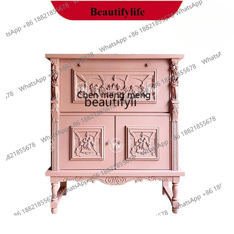 

G153 Vintage carved chest cabinet French locker light luxury pink wall balcony side cabinet