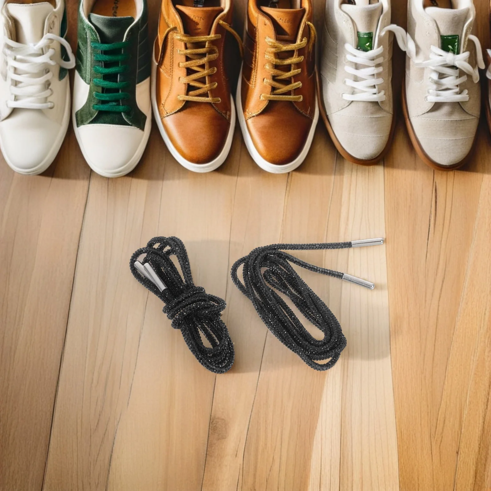 1 زوج حجر الراين أربطة أحذية جولة بريق أربطة الحذاء للأحذية الرياضية Sweatpants هوديس كريستال بلينغ حبل سلاسل الأحذية الأسود