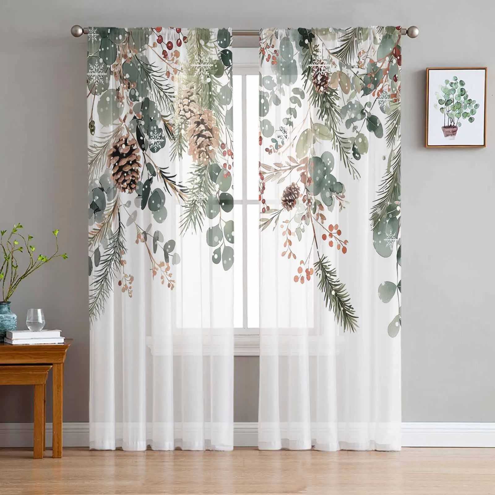 Winter Eucalyptus Leaves Berries Hazelnuts Window Tulle Curtains for Living Room Kitchen Christmas Decor Sheer Voile Curtains