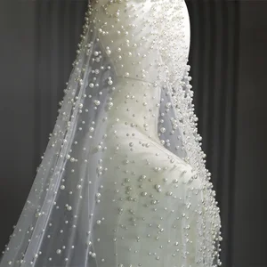 Langer luxuriöser Brautschleier mit Perlen, 1 Schicht Brautschleier mit Kamm, dichte Perlen verstreut, wunderschön 12 Hauptverkäufe Mantilha - №1