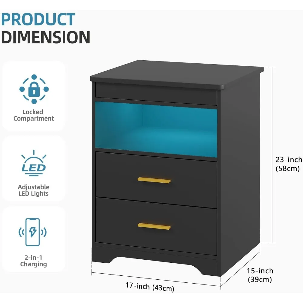 Mesita de noche contemporánea con almacenamiento oculto para armas, estación de carga y iluminación ajustable de 3 colores con sensor automático
