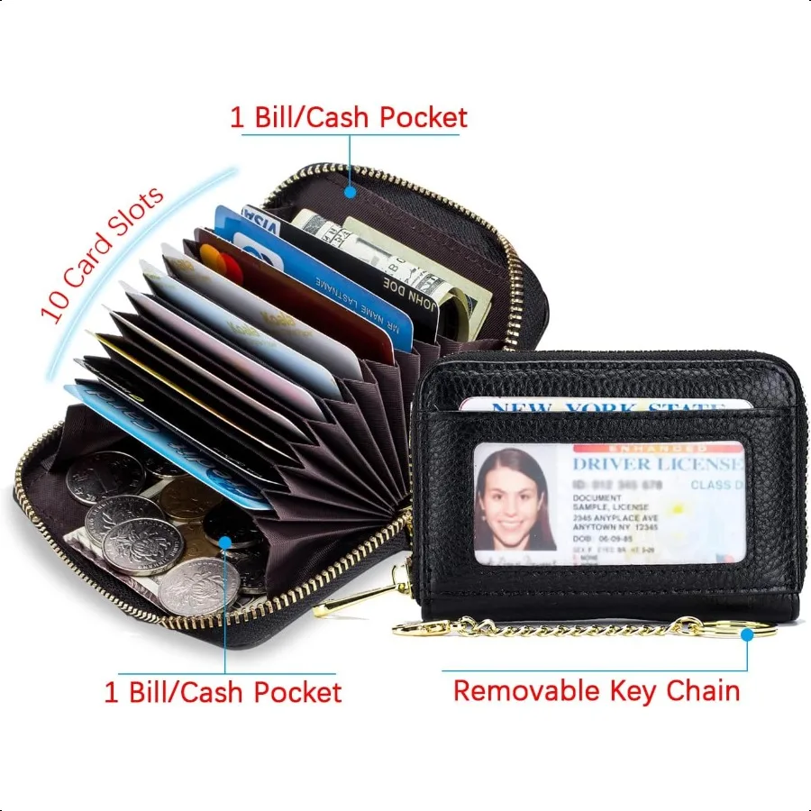 RFID Credit Card Holder Wallet with Keychain ID Window Small Leather Zipper Card Case for Women Horizontal 10 Slots Pink