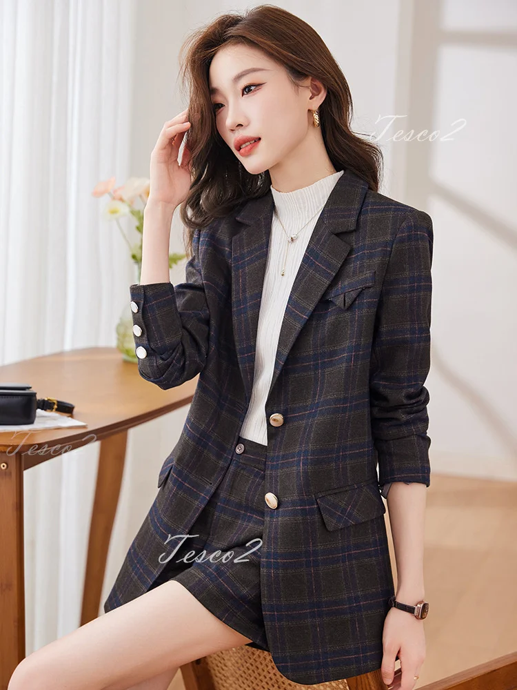 Tesco Fashion Plaid Women\'s Suit Blazer Spring Short Pants 2 Piece Casual Outfits For Prom Party England Style Pantsuit