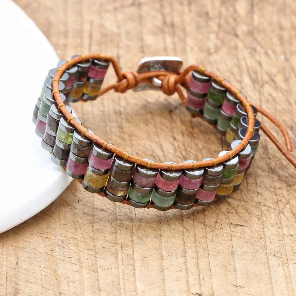 Hematite & Tourmaline Bohemian Braided Leather Bracelet Grounding & Protection Stones Unisex Handmade Jewelry Gift