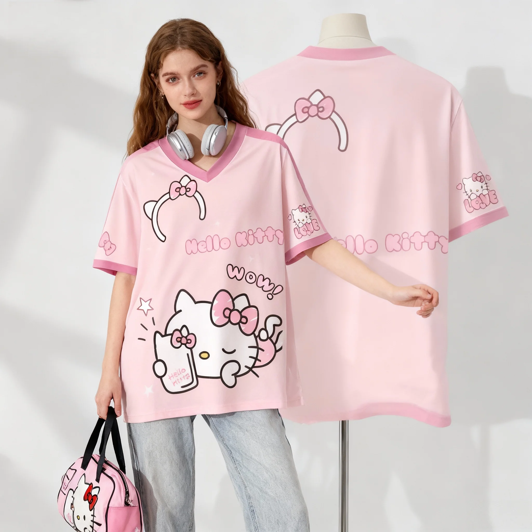 سانريو فاميلي هالو كيتي قميص كاجوال حلو ورائع للشارع الأمريكي تي شيرت صيفي كبير الحجم للسيدات البالغات طراز جديد #3