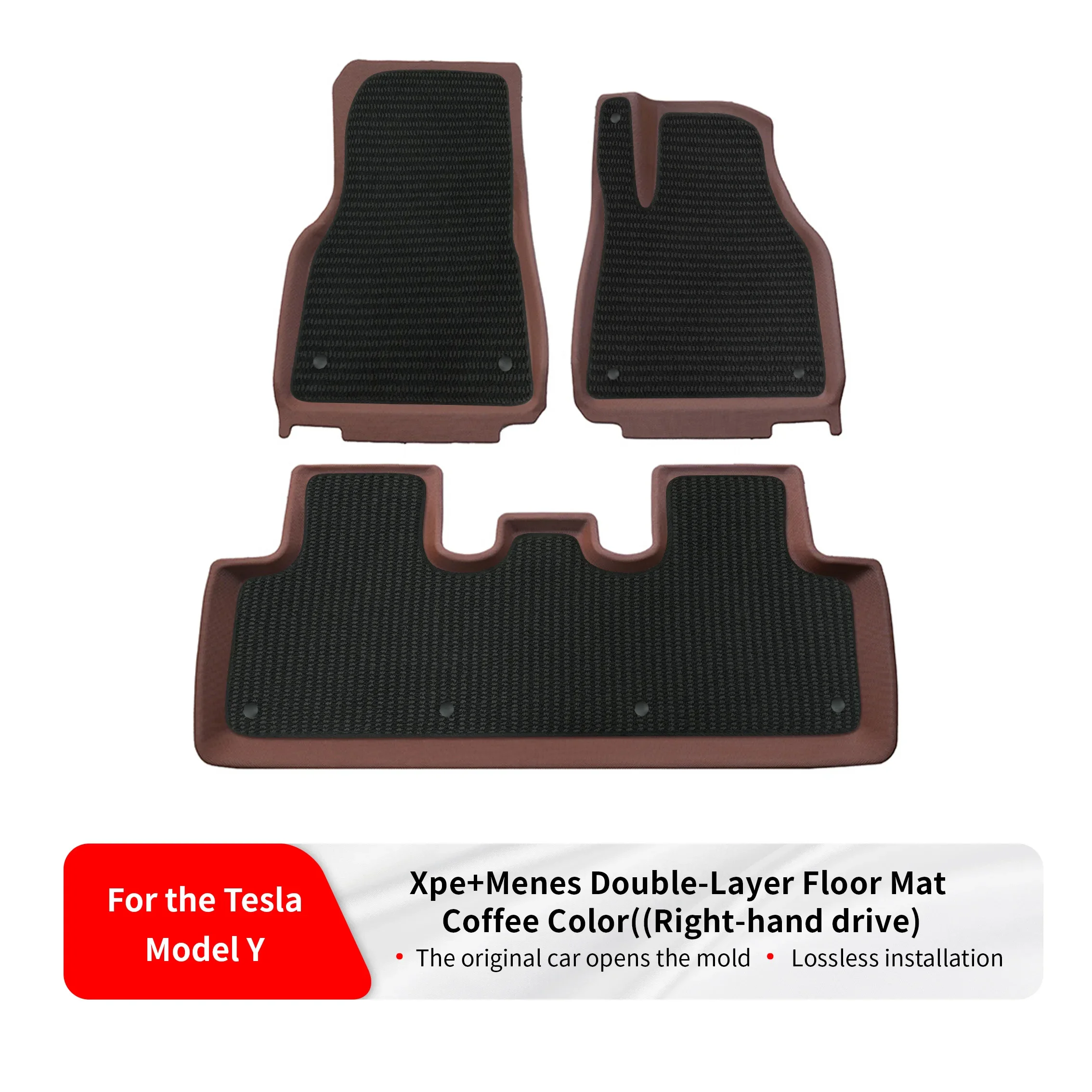 For Tesla Model Y RHD – Brown XPE Mats, Menis Top, Dual-Layer, Lightweight, Durable, Waterproof & Easy-Clean