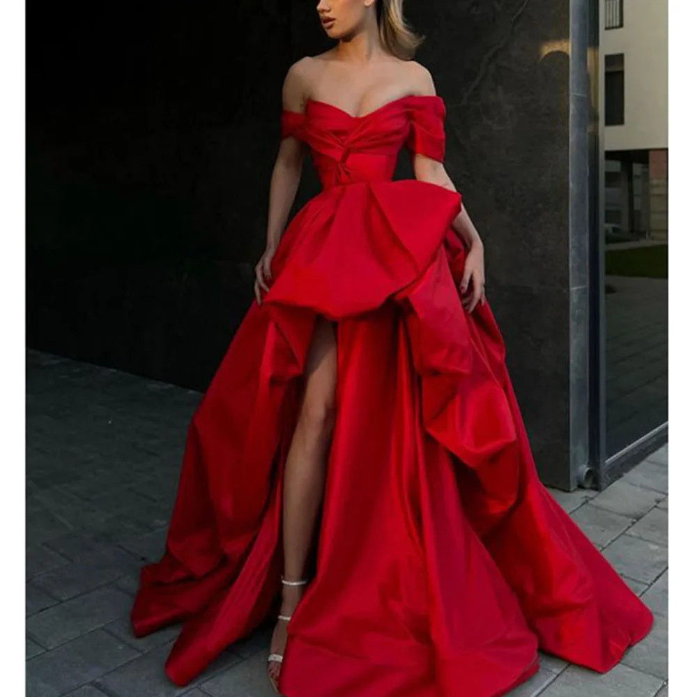 

Exquisite Red Evening Party Dresses Sweetheart off the Shoulder Floor Length Asymmetrical High End Women Prom Banquet Gowns