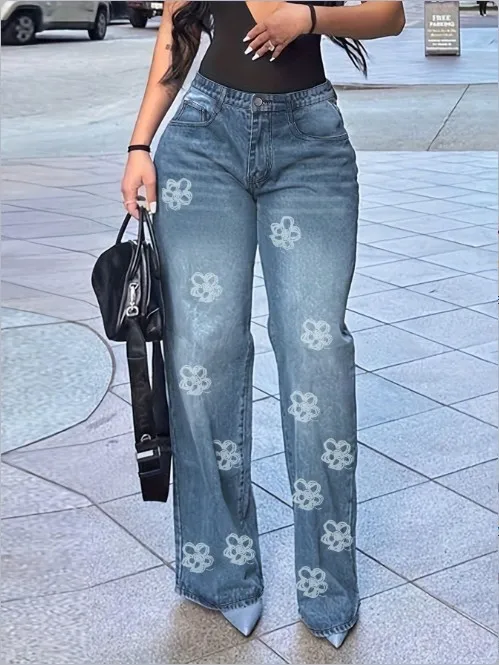 

Women's Jeans 2025 Spring Autumn New Fashion Floral Print High Waist Pocket Design Loose Jeans Straight Leg Casual Spants