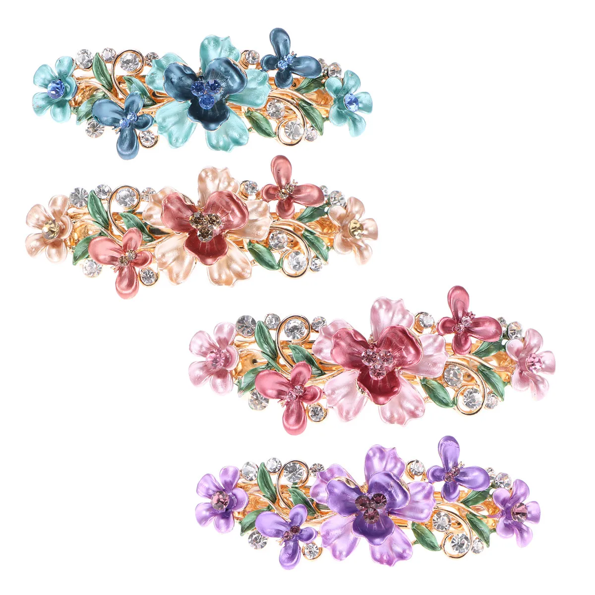 4個入り-ラインストーンの梅の花モチーフ-ヘアクリップ-メタル製バレッタ-女性・女の子向け-エレガントなヘアアクセサリー-ブルー-ピンク-パープル-コーヒー色