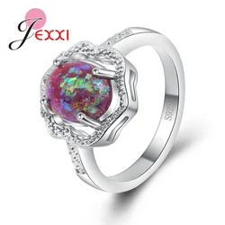 Six Colors Luxury Finger Rings for Women Female Rainbow Opal 925 Sterling Silver Bridal Wedding Fashion Jewelry Accessory