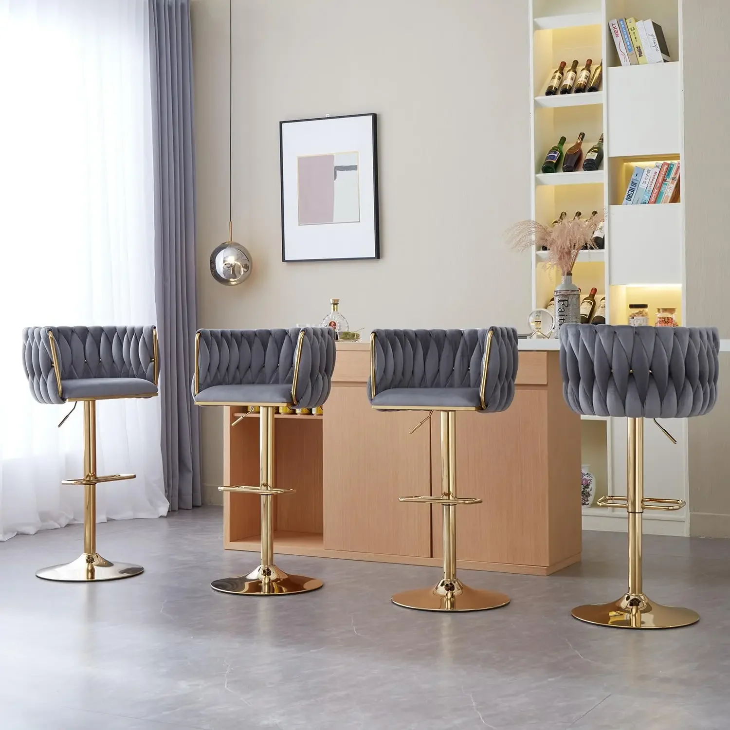 Grey Velvet Bar Stools Set of 4 - Modern Adjustable Swivel Counter Height Chairs with Woven Back , Dining, Cafe, Pub