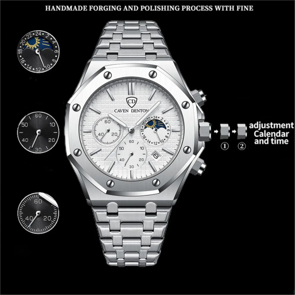 Stainless Steel Watch For Men Business Fashion Silver Quartz Watches Luxury Brand with Moon Phase Chronograph Decoration Clock