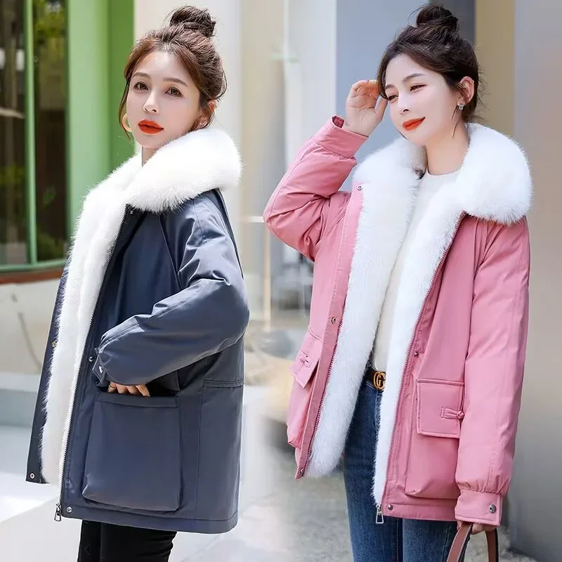 Pop Pop 2024 Winter Warm Coat New Cotton Coat Short Large Plush Thickened Large Fur Collar Hooded Cotton Coat Parka Female Pink