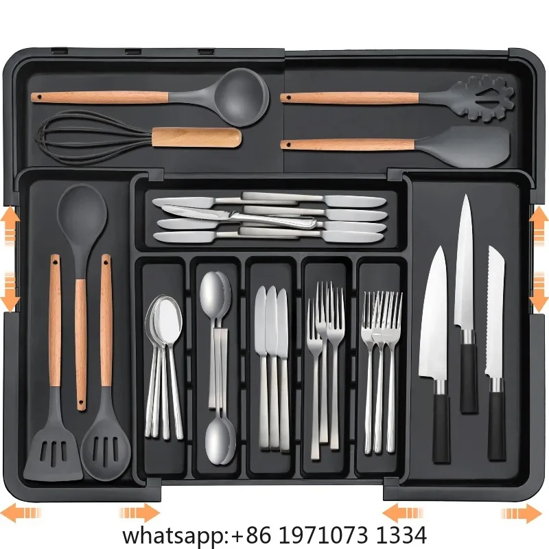 Large Expandable Kitchen Drawer Organizer for Flatware -Adjustable Cutlery Tray (6-9 Slots) for Spoons/Forks/Knives, Black