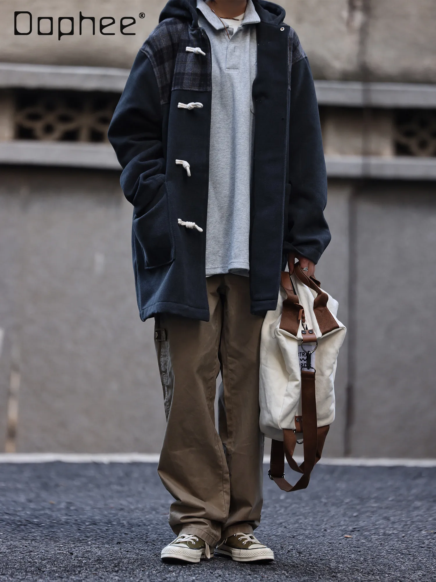 

Autumn Winter Japanese Retro Style Men's Plaid Patchwork Horn Button Mid-Length Black Loose Casual Hooded Woolen Coat