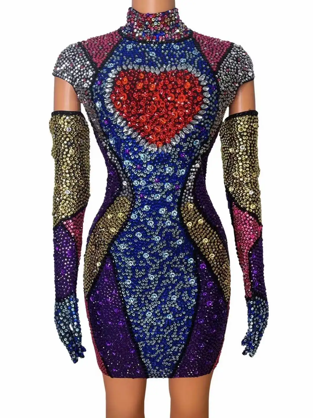 Abito con strass donna festa di compleanno Drag Queen Outfit con guanti abiti di lunghezza corta collo alto brillante abbigliamento da palcoscenico