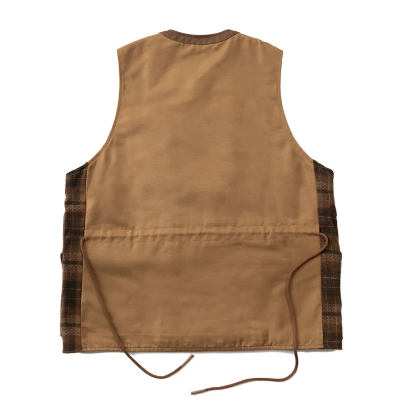 Outdoor Japanese Style Multi Pocket Wool Retro Plaid Vest for Men and Women Autumn Winter Coat Trend