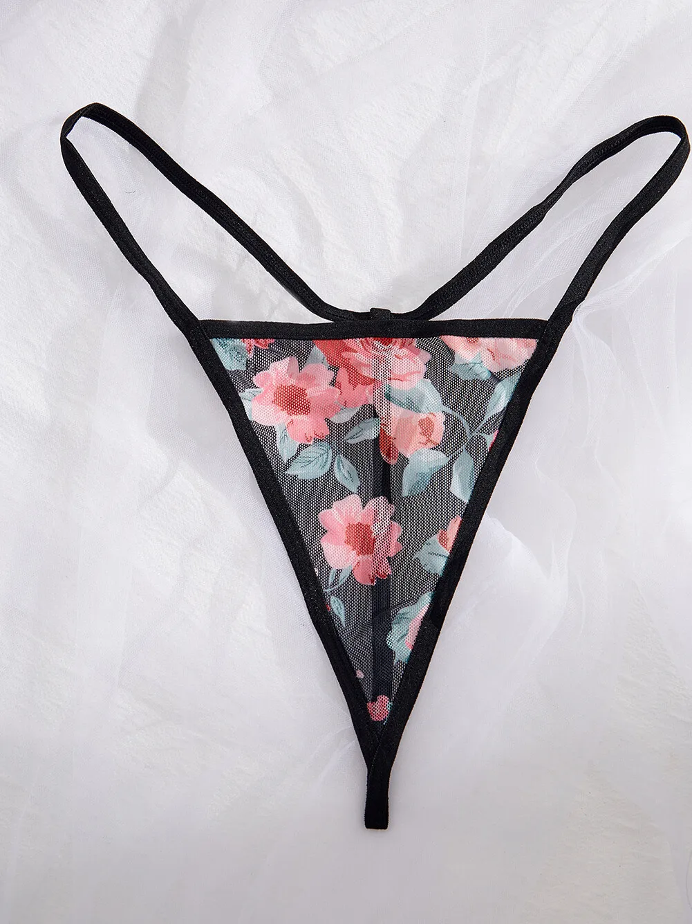 สตรีชุดชั้นในเซ็กซี่ Babydoll ชุดนอนดอกไม้ Rose พิมพ์ตาข่าย Nightdress V คอดูผ่านนุ่ม Chemise ชุดนอน G-String