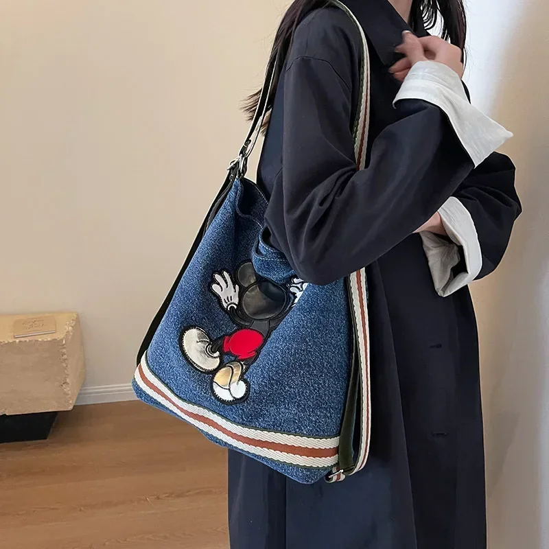 

Disney Mickey Mouse Large Capacity Denim Shoulder Bag Washed Cartoon Embroidery Student Class messenger Cross Body Bag Backpack