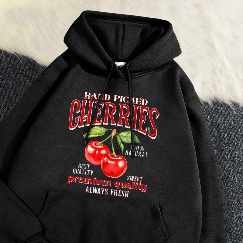 Casual Womans Hoodies Hand Picked Cherries Printing Sweatshirt Soft Breathable Loose Pocket Pullover Autumn Winter Streetwear