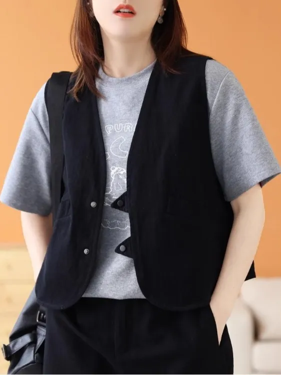 

Верхняя одежда из хлопка и льна в стиле ретро с v-образным вырезом, повседневный жилет, многослойный топ, весна-осень, большие размеры, для поездок на работу, с одной пуговицей