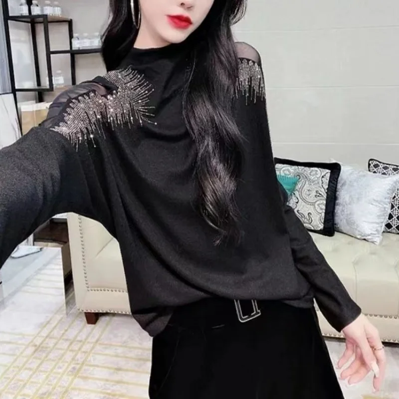 Cool Pulovers Skinny Tees Glitter Rhinestone Sexy T Shirts Female Black Clothes Long Sleeve Top for Women Aesthetic Wholesale O