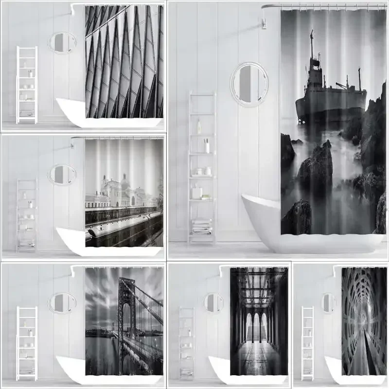 Black White Grey Luxury Building Print Shower Curtain with Thickened Waterproof and Mildew Resistant Design