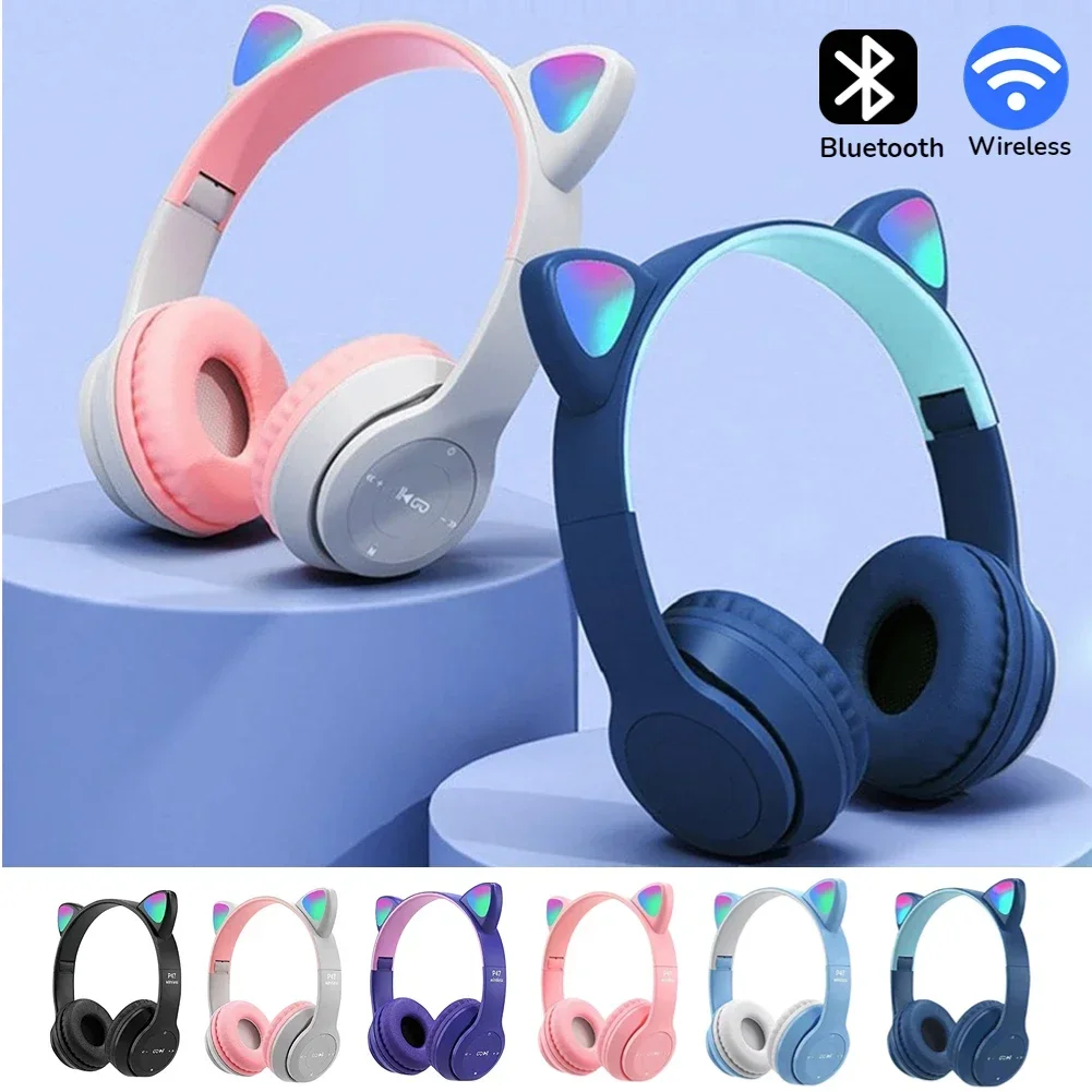 Wireless Bluetooth Headphones Cat Ear Gaming Headset Glow Light Helmet Cute Sports Music Earphone For Children Girl Gift Earbuds