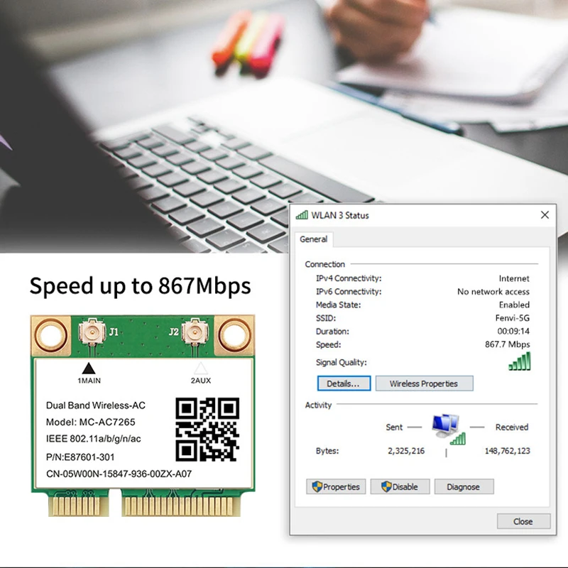 การ์ดเครือข่าย Wifi 1200Mbps Bluetooth 4.2 Mini PCI-E MC-AC7265 802.11ac 2.4G 5Ghz สําหรับแล็ปท็อป