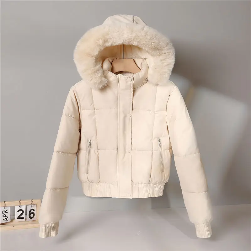 Moda inverno velo forrado quente recortado jaqueta feminina gola de pele com capuz casaco de algodão parka acolchoado manga longa à prova de vento outerwear