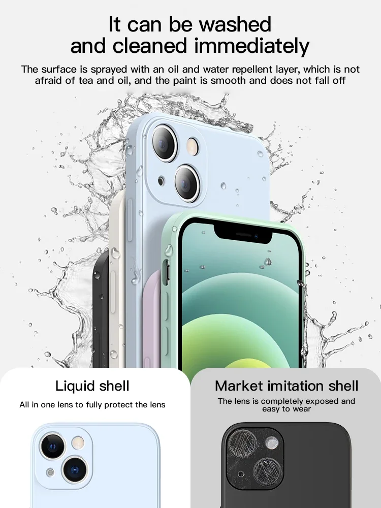 1DS casing ponsel silikon cair kotak, pelindung penuh untuk iPhone 11 12 13 14 15 Pro Max Mini X XS Max XR 7 8 Plus SE2