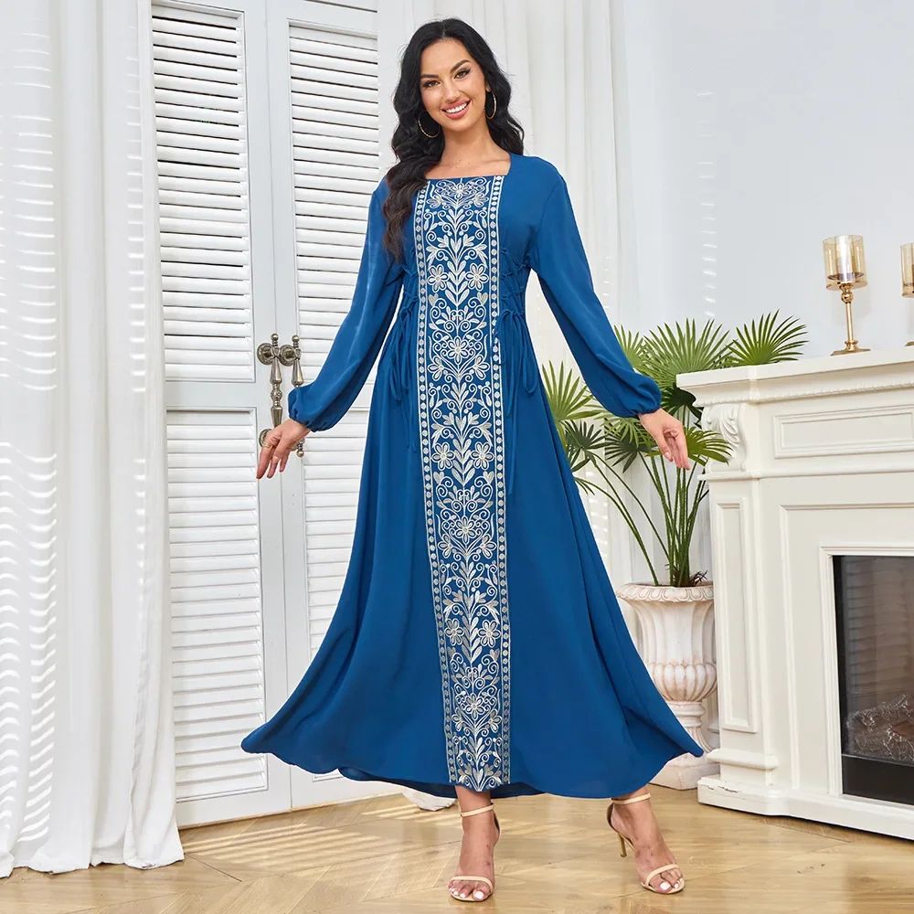 New Style of European and American Ladies' Long Gowns, Embroidered with A Cinched Waist, Evening Dresses, Muslim Dresses.