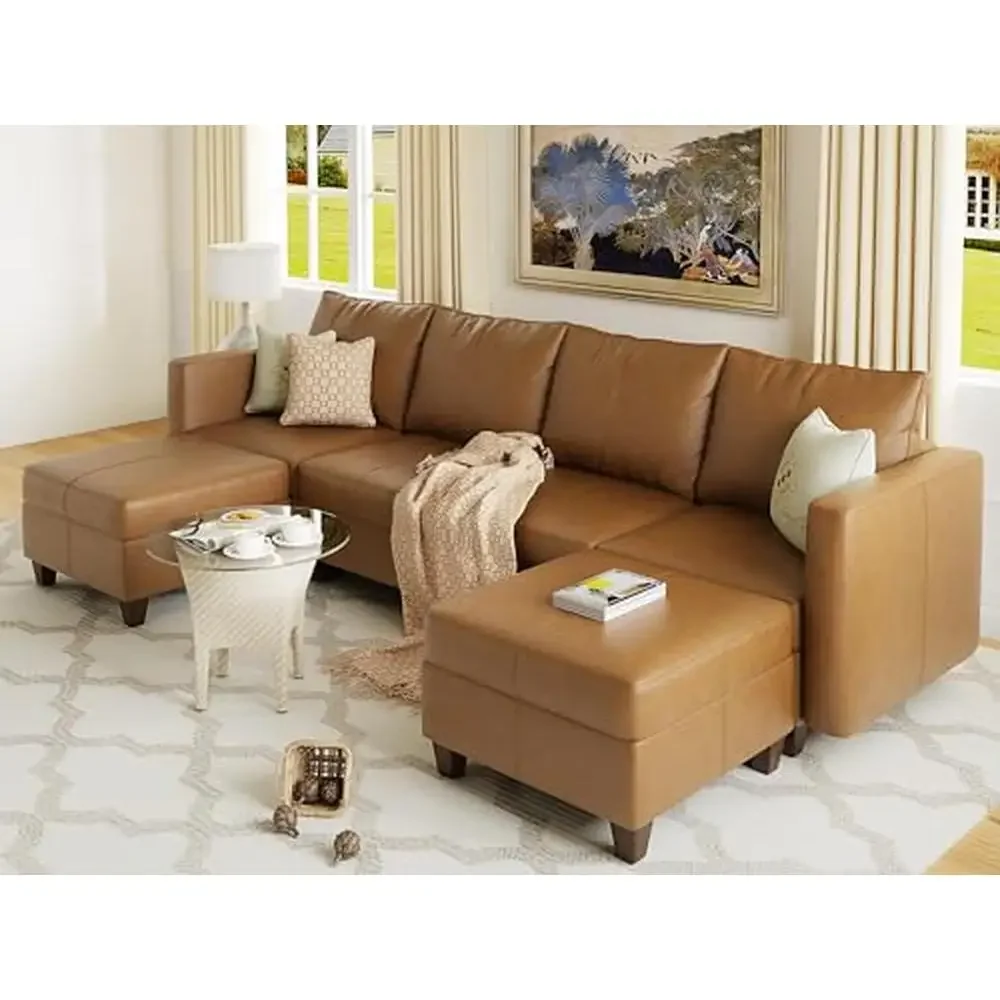 Sectional Couch U Shaped Modular Sofa Brown Faux Leather Convertible Seat Cushions Storage & Widened Armrest High Resilience