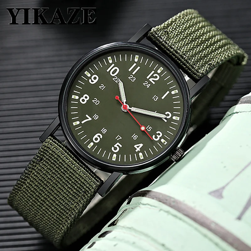 YIKAZE Fashion Men\'s Watches Luxury Military Men Quartz Watch Canvas Strap Luminous Hands Clock Sports Wristwatch for Man Male