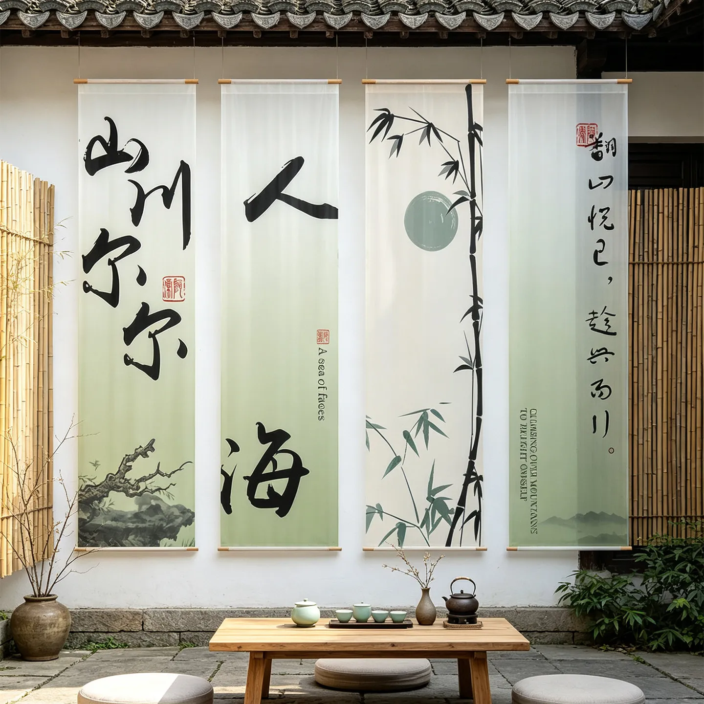 Zen Brushstroke Noren Partition – Light Filtering Translucent Drape for Boutique Hotel, Tatami Room & Meditation Space Backdrop