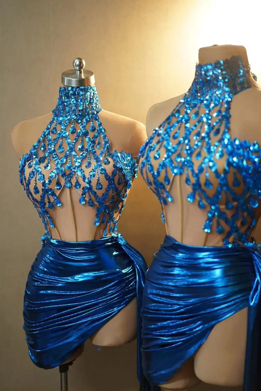 Birthday Party Celebration Dress Singer Dancer Stage Clothing Drag Queen Costume Blue Sequins Halter Evening Dresses