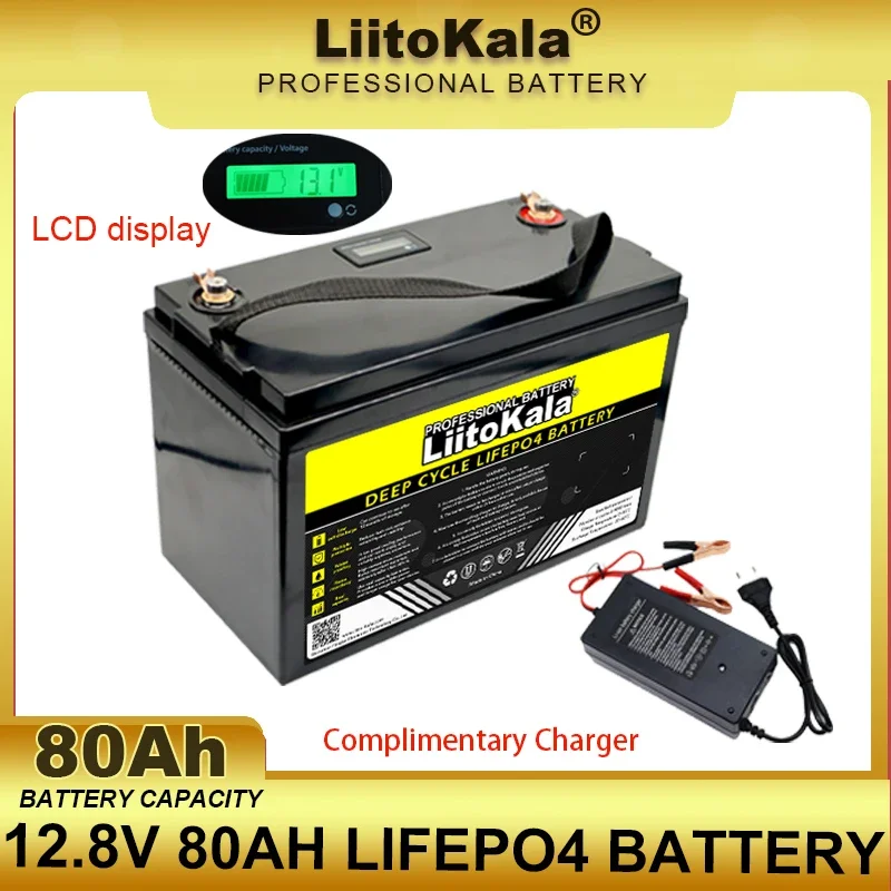 LiitoKala 12V 80AH LiFePO4 Battery 12.8v 4s Lithium Iron Phosphate Inverter Car lighter RV Camping Batteries LCD 14.6V Charger