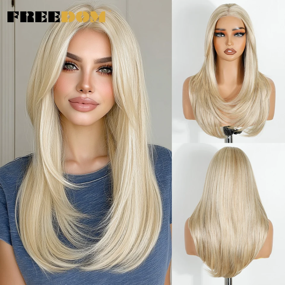 FREEDOM Synthetische Lace-Front-Perücken für Frauen, 20 Zoll, 13x3, glatt, vorgezupft, geschichtete Spitzenperücken, Ombre Braun Blond, Perücke für den täglichen Gebrauch – Detail 11