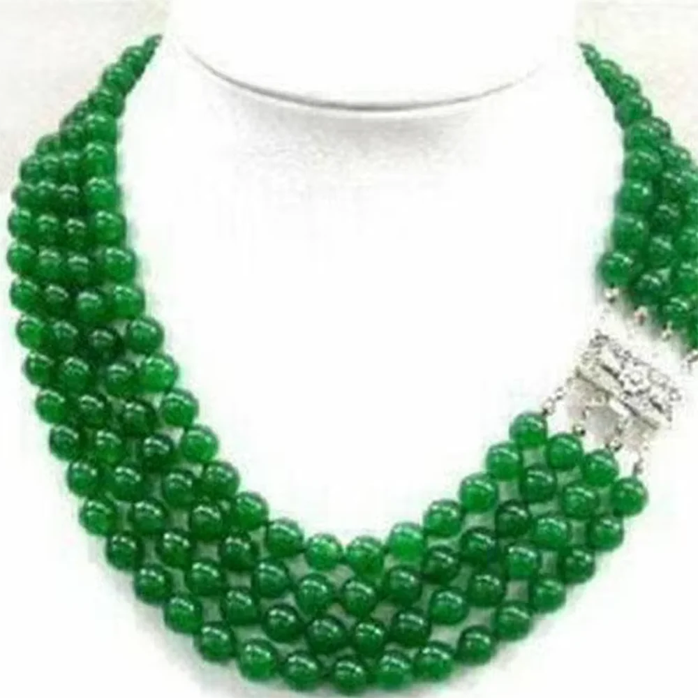 Details about  Beautiful 4 Rows 8mm Natural Green Jade Round Gemstone Beads Necklace 17-20