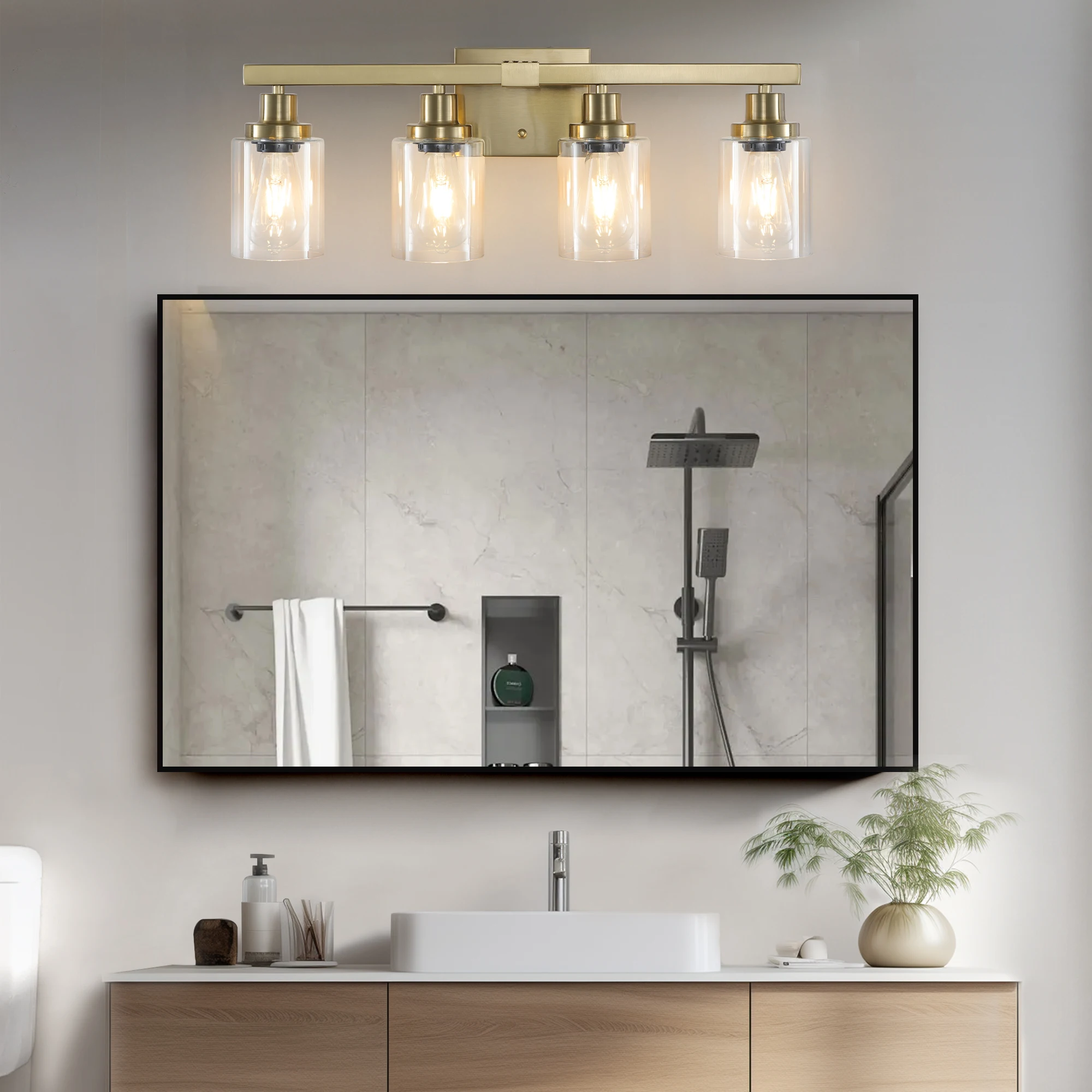 

Golden 4-Light Vanity Light with Clear Glass Shades, Modern Iron Metal Bathroom Wall Fixture for Mirror Lamp (No Bulbs)