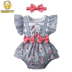 Newborn Baby Girls Romper Summer Clothing Baby Elephant Print Ruffle Fly Sleeve Jumpsuit Come with Headband Toddler Outfits