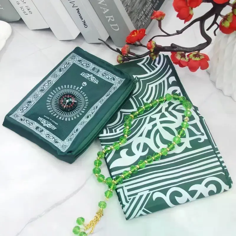 Islamic Travel Prayer Mat: Portable Waterproof Rug With Compass Beads For Ramadan Muslim Gifts