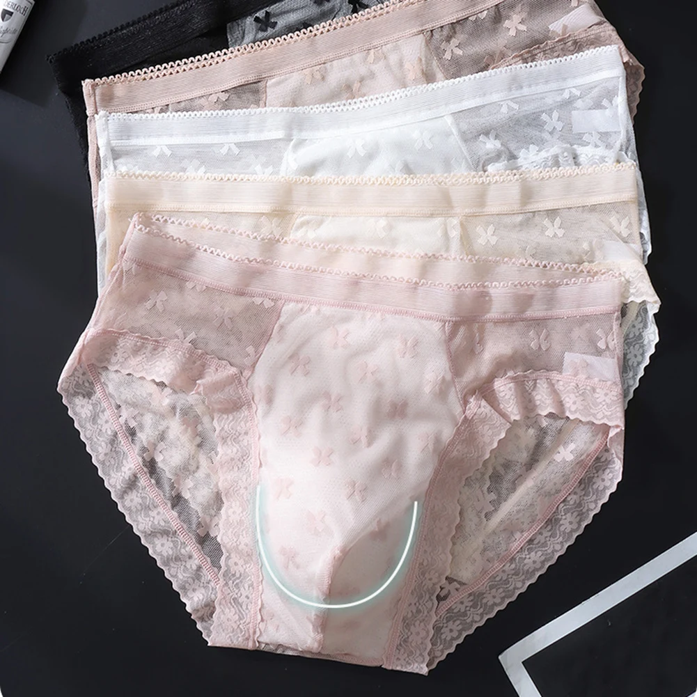 Men Sexy Lace Ultra Thin Ice Silk Briefs Sexy Accessories Hot Underwear Sissy Bulge Pouch Solid Underpants Soft Unisex Panties