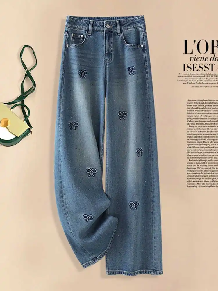 

Bow Embroidery Jeans For Women Spring/Summer New High Waist Straight Rhinestone Denim Pants Fashion Niche Wide Leg Pants