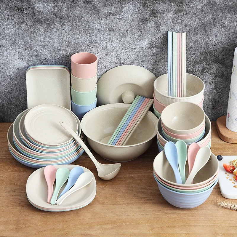 Wheat Straw Dinnerware Sets Lightweight Unbreakable Dishes Plates Bowls Spoons Microwave Dishwasher Safe Children Dinnerware Set