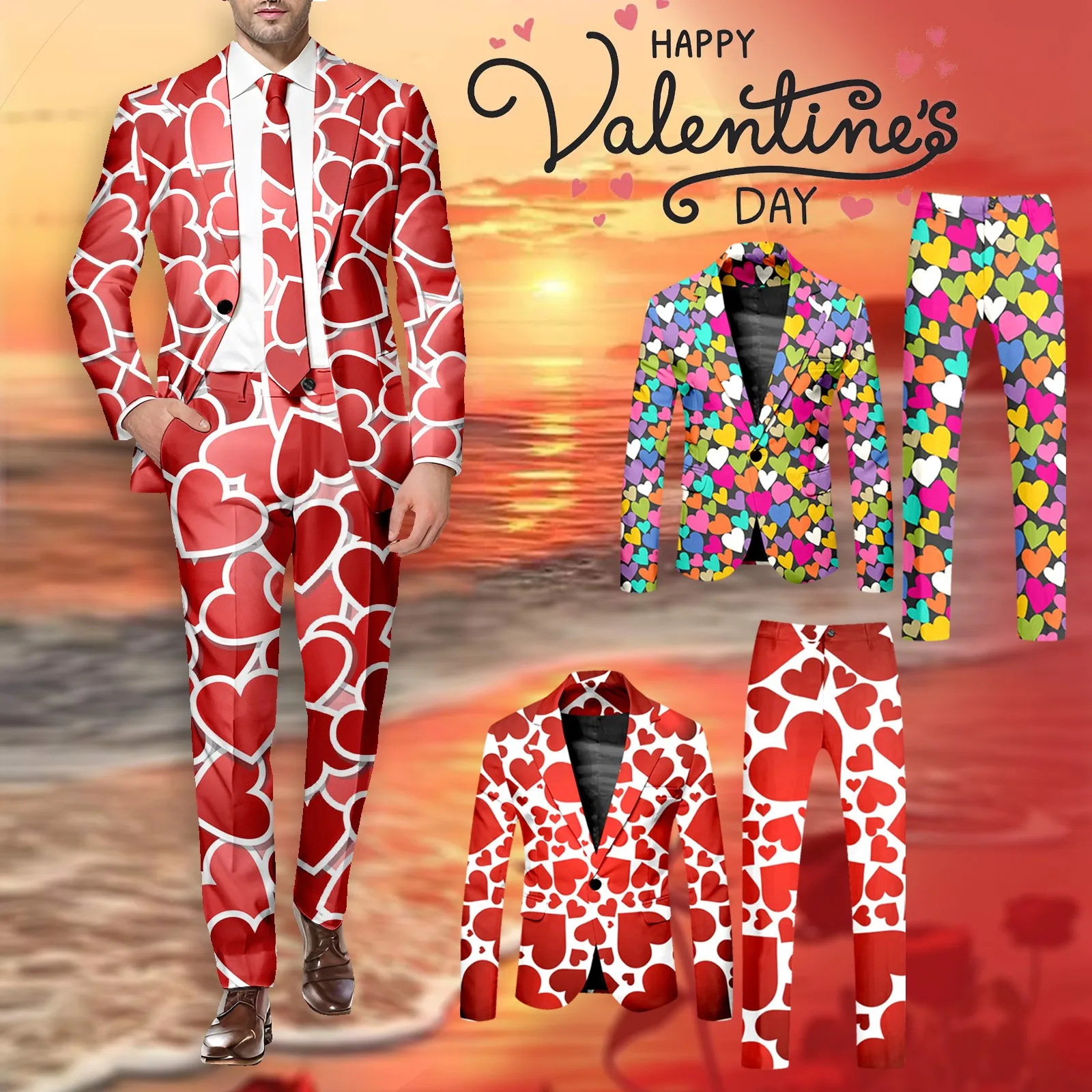 Valentine\'S-Day Suit Set Men\'S Two-Piece Dress-Pants Suit-Jacket Gift Core-Graphic Blazers Party Lover Slim Terno Masculino