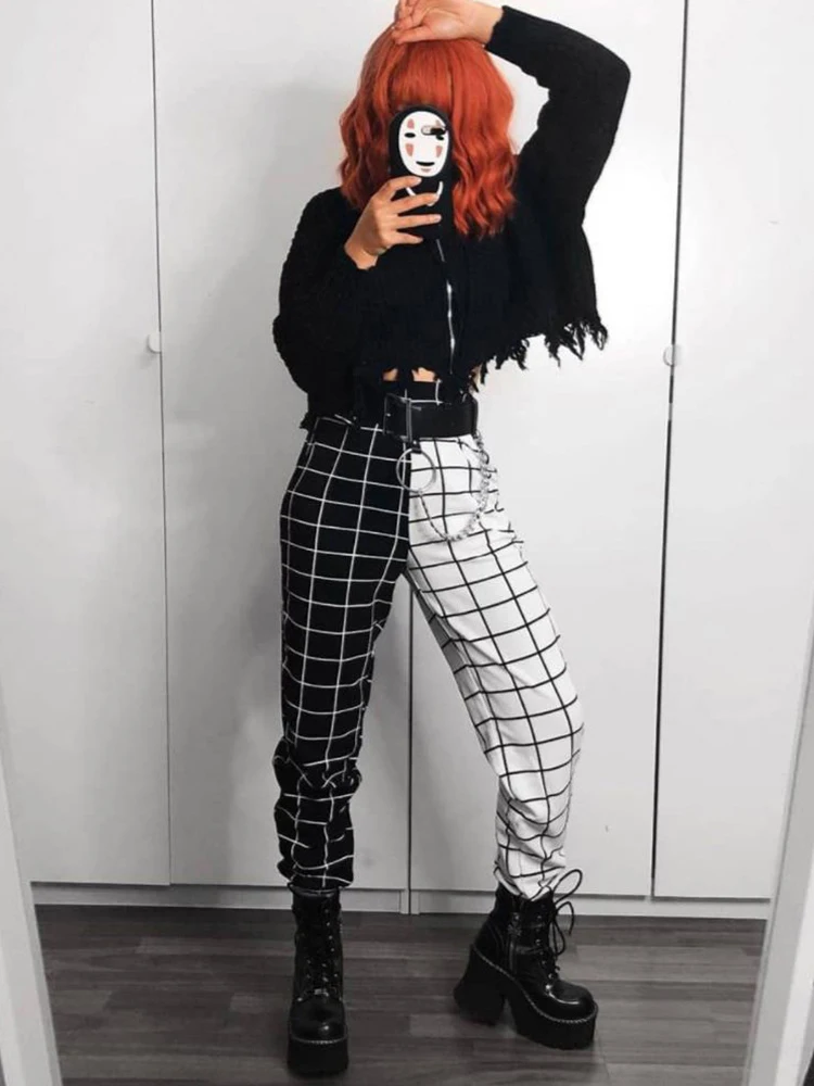 Contrast Cargo Pant For Women Loose Hight Waist Plaid Jogging Trousers Sporty Pants Elasticity Sportpants  Summer