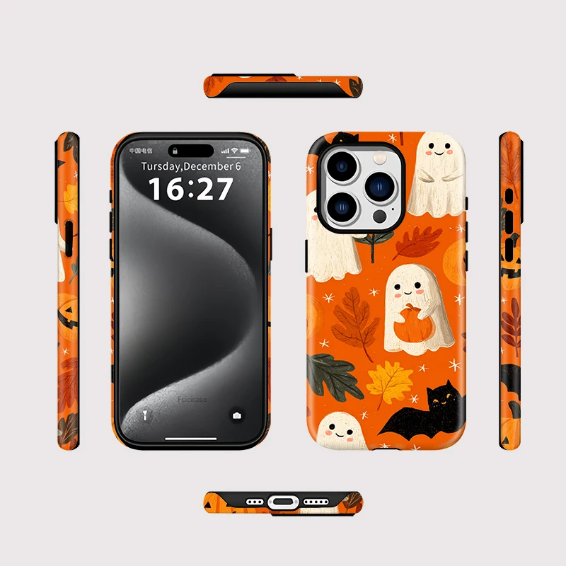 FCICICASE 할로윈 호박 폰 케이스 (아이폰 16, 15, 14 플러스, 13, 12, 11 프로 맥스용) 마그네틱 맥세이프 무선 충전 하드 커버